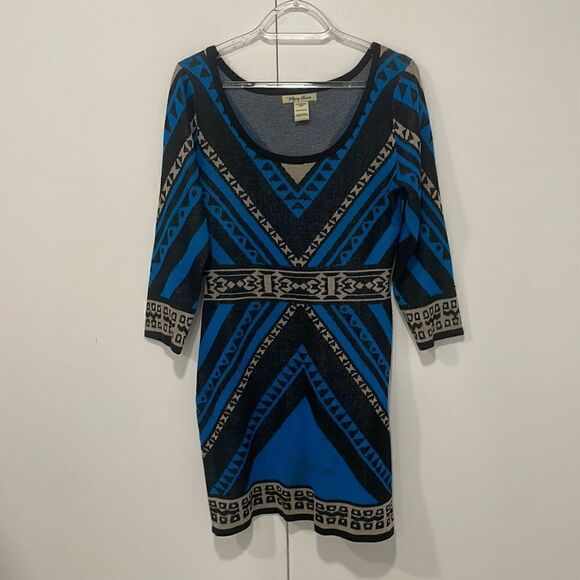 FLYING TOMATO Blue black print knit bodycon holiday party sweater dress S - Picture 2 of 7